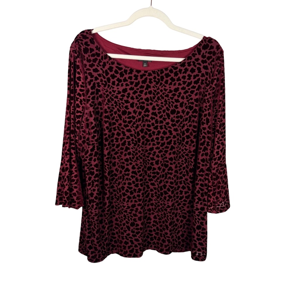 Talbots 2X Burgundy Leopard Velvet Burnout Bell Sleeve Blouse Party Whimsigoth